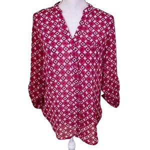 Kut from the Kloth Pink/Red Medallion Print V-Neck Convertible Sleeve Blouse S